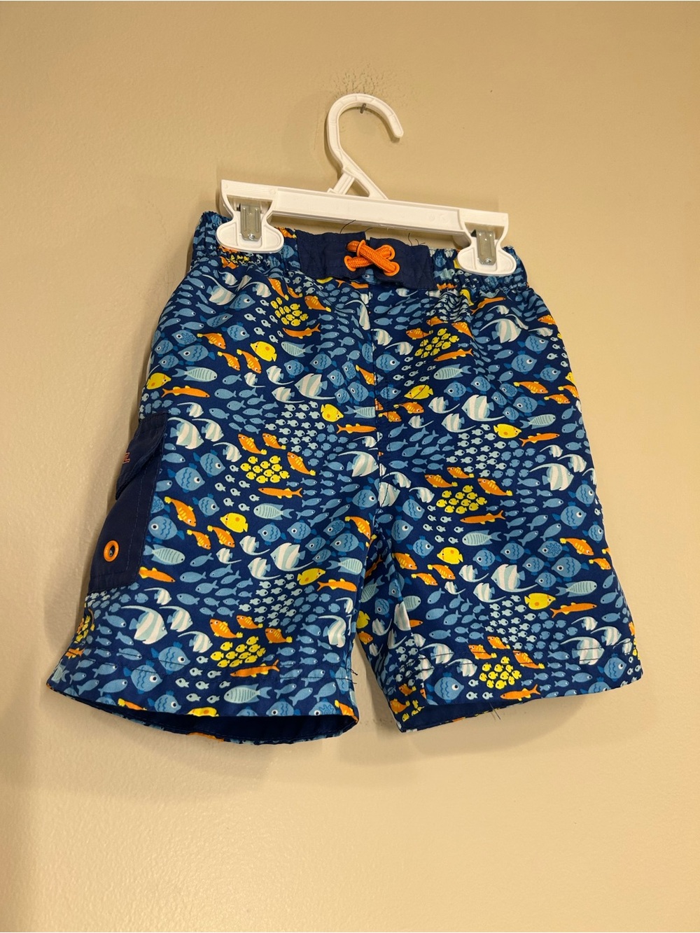 UV Skinz Blue Fish-Print Swim Shorts with Orange Drawstring